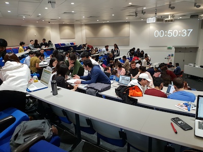 View from back of lecture theatre during simulation showing countdown timer on projector screen