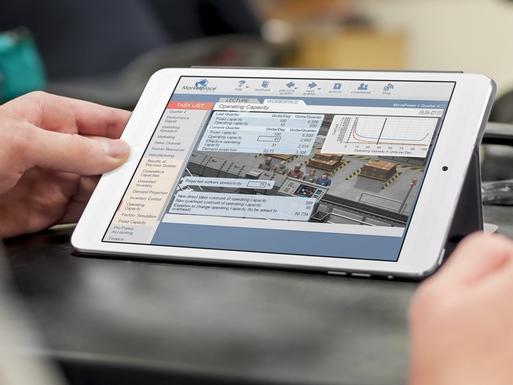 Tablet showing manufacturing and supply chain simulation