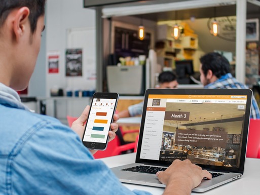 Smartphone and laptop showing screens from entrepeneur simulation based on a Coffee Shop