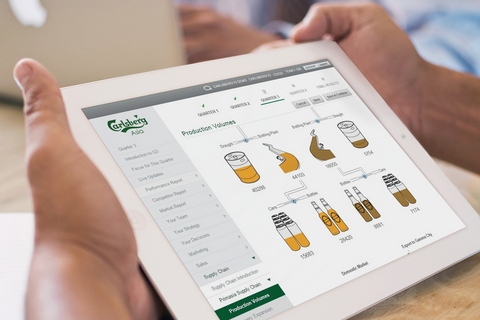 Close-up of tablet showing production volume decision in bespoke FMCG simulation