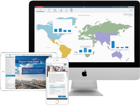 Tablet, phone and monitor showing world map, decisions and overview page from enterprise luggage sim