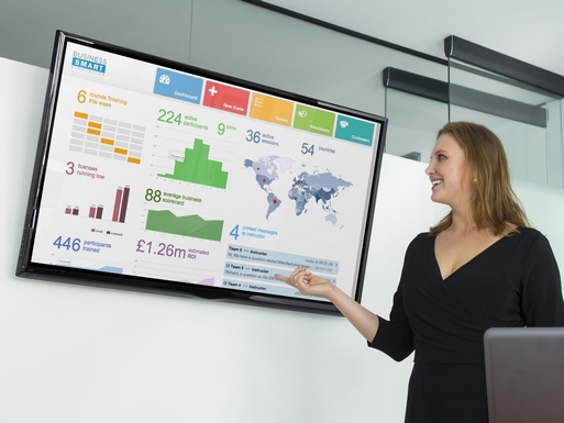 Instructor pointing at screen showing simulation results dashboard