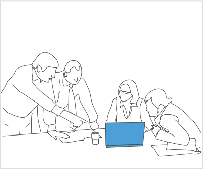 Line drawing of team around laptop
