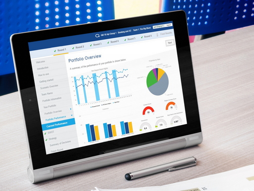 Mixed charts titled portfolio overview shown in a sim running on folding tablet